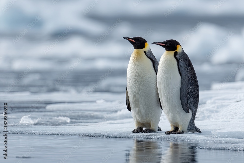 Obraz premium Two emperor penguins standing on ice near water, looking towards the horizon