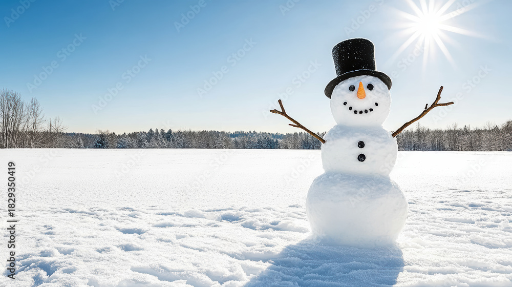 Obraz premium Snowman snow field sunny sky winter landscape joyful outdoors