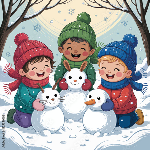 Three Happy Children Building Snowmen in a Snowy Winter Forest kids snowman