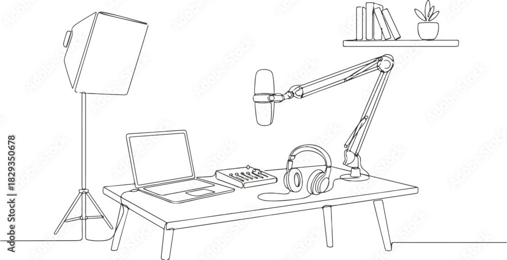 Fototapeta premium Continuous line art of creative podcast setup, microphone on arm stand, headphones, laptop on desk, simple modern home studio interior, editable stroke vector illustration.
