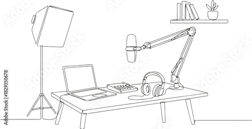 Continuous line art of creative podcast setup, microphone on arm stand, headphones, laptop on desk, simple modern home studio interior, editable stroke vector illustration.