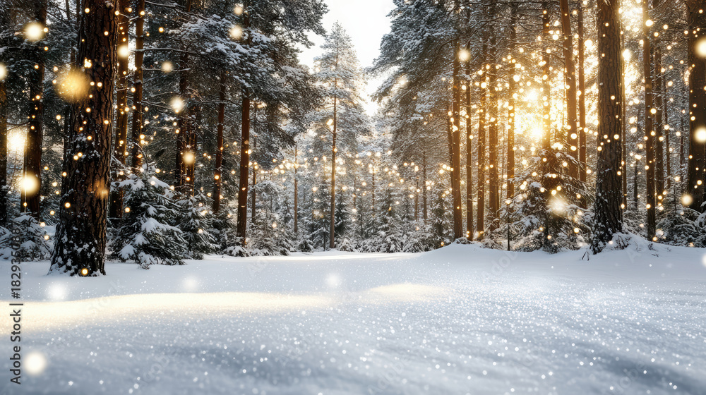 Obraz premium Snowy forest illuminated with holiday lights sunlit pine trees serene winter scene glowing