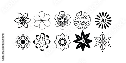 Assortment of Black and White Flower Icons on White Background floral silhouette