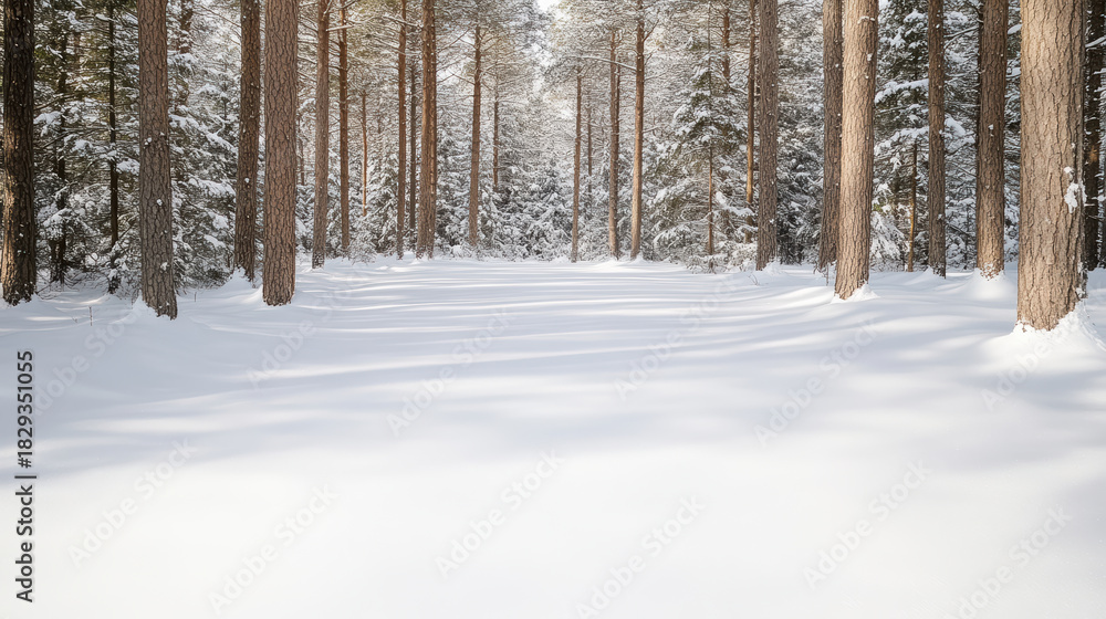 Fototapeta premium Snowy forest pine trees winter snowfield tranquility