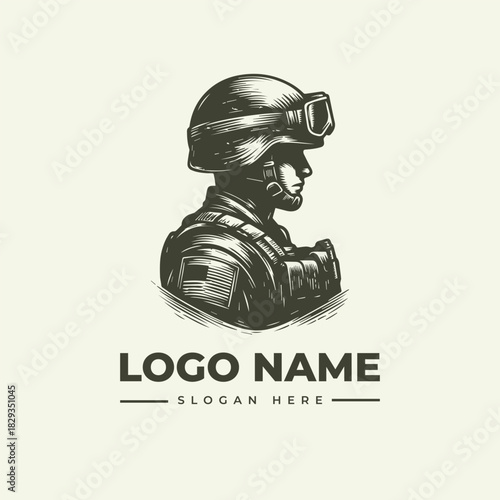 Vector Logo Illustration Engraving of a Soldier in Combat Gear