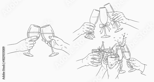 Minimalist line art illustration of people toasting with drinks celebrating together
