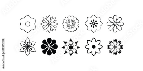 Assortment of simple flower outline and filled icons Keywords: flower, floral, icon, symbol, outline, filled, design, nature, spring, summer