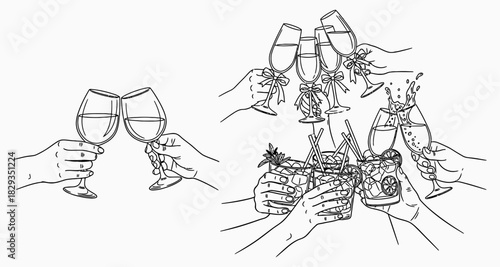Line art illustration of people toasting with wine glasses in celebration