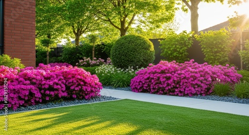 Wallpaper Mural Beautiful garden with vibrant pink azalea bushes and manicured green lawn Torontodigital.ca