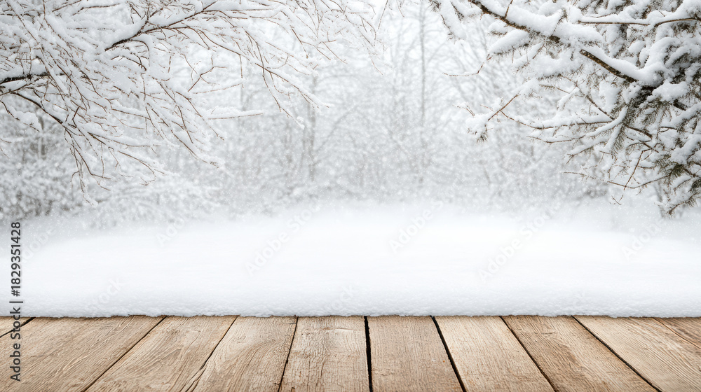 Fototapeta premium Snowy wooden floor foreground with snow covered trees and falling snow creating calm winter scene