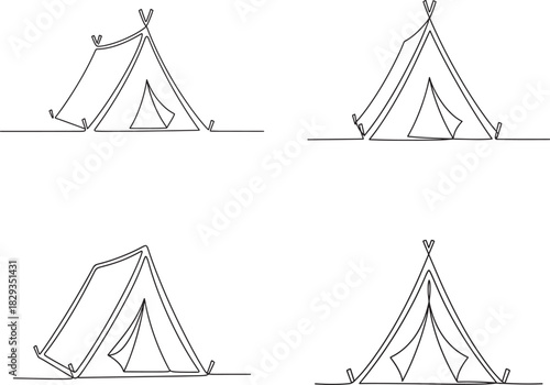 Set of four hand drawn outline illustrations of teepee tents in different styles
