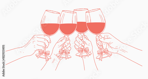 Hands toasting with champagne glasses in celebration sketch style