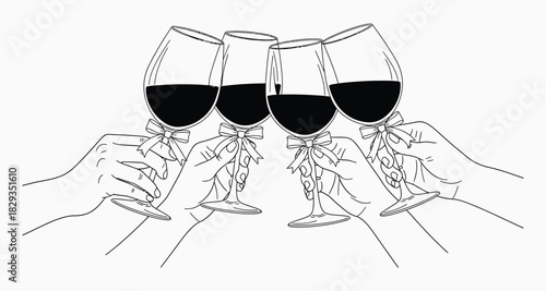 Line art illustration of hands toasting with wine glasses
