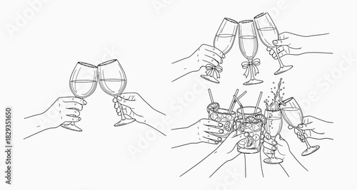 Minimalist line art illustration of people toasting with champagne glasses at a celebration