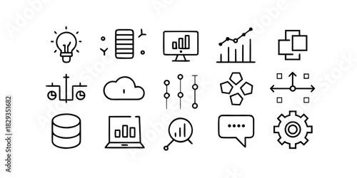 Collection of business and data analysis icons in a linear style Keywords: business, data, analysis, icons, symbols, technology, finance, graph