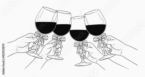 Elegant line art toast hands clinking wine glasses in celebration
