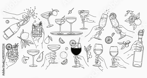 Line art illustration of assorted cocktails and drinks for party invitations