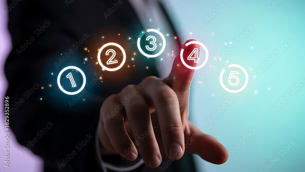 Fototapeta premium Businessman hand touching holographic number 4, choosing options or process step.