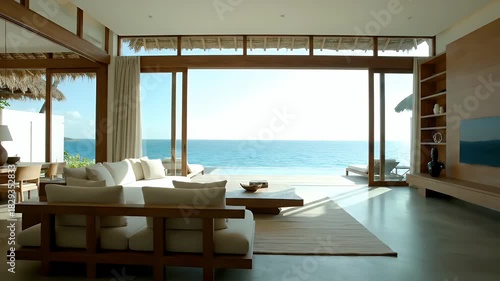 Luxurious Modern Living Room With Ocean View And Infinity Pool In Tropical Resort With Natural Light