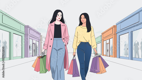 Two young women walk down a street lined with storefronts, carrying shopping bags, enjoying a day of retail therapy