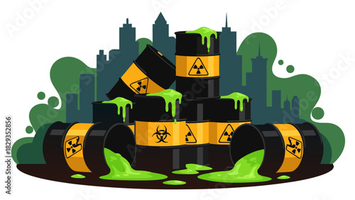 Urban environmental contamination with hazardous waste drums spilling toxic liquid, depicting industrial pollution and ecological threat to city ecosystems, a conceptual graphic illustration