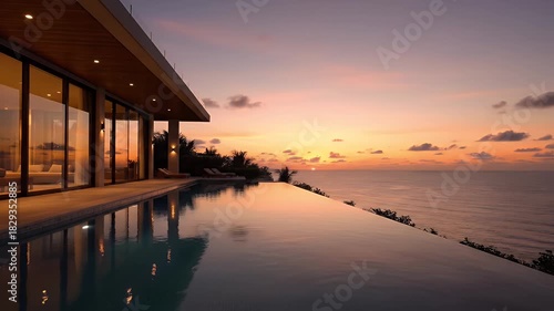 Luxury Infinity Pool Overlooking Ocean Sunset with Modern Villa Warm Lighting Serene Atmosphere Orange Sky Reflections