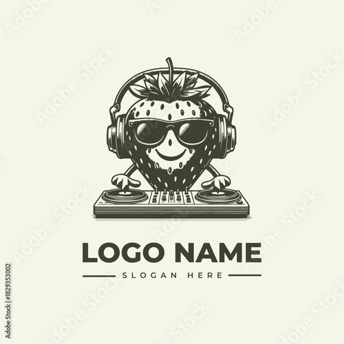 Vintage engraving style vector logo illustration of a cool strawberry DJ mascot wearing headphones and sunglasses