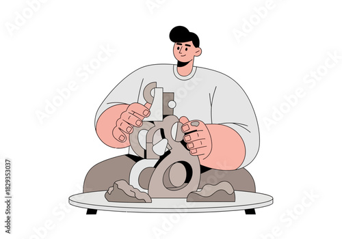Man shaping clay on pottery wheel suitable for art and crafting projects. Craftsmanship, pottery, ceramics, sculpting, handcrafting, diy, creativity, workshop concepts.