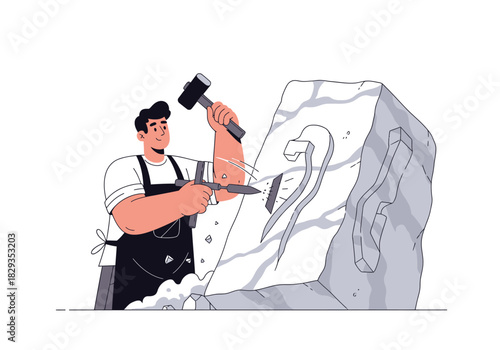 Man chisels a large stone block using a hammer and chisel. Craftsmanship, construction, labor, manual work, stonemasonry, sculpture, traditional skills, artisan, creativity.