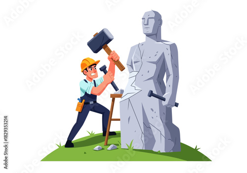 Sculptor carving stone statue with hammer and chisel. Perfect for art, craftsmanship, creativity, sculpting, fine arts, and sculpture concepts.