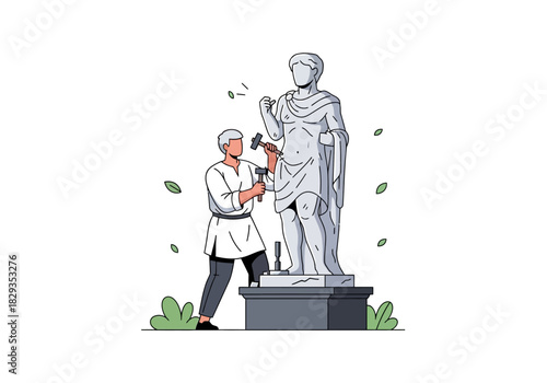 Sculptor carving a grecoroman statue with hammer and chisel. Suitable for art, history, craftsmanship, classical themes, education, and sculpting concepts.