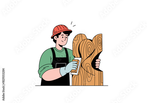Man in a hard hat joyfully rubs a wooden sculpture, making it ideal for construction or woodworking concepts in visual content.