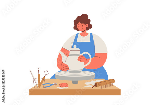 Woman creates pottery teapot wheel tools nearby, suitable for crafts, pottery, art, artisan, ceramics, handmade, creativity themes.