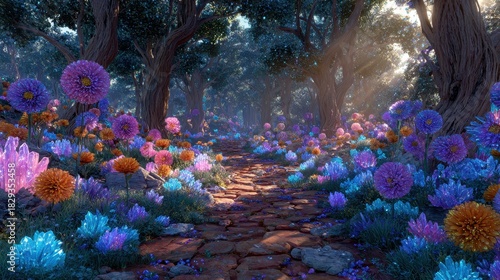 Enchanted Forest Pathway With Colorful Flowers And Sparkling Light