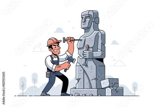 Sculptor in a hat carving a moai statue. Perfect for art, crafting, easter island themes, and cultural projects.