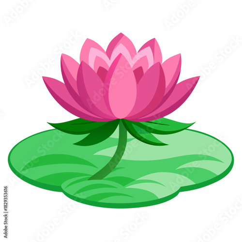 A stylized illustration of a blooming pink lotus flower with multiple petals, resting on a large green lily pad with a white background.