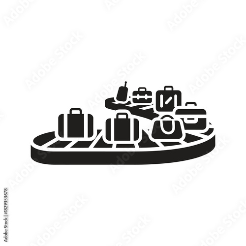 Black silhouette icon featuring various luggage on an airport baggage claim conveyor belt