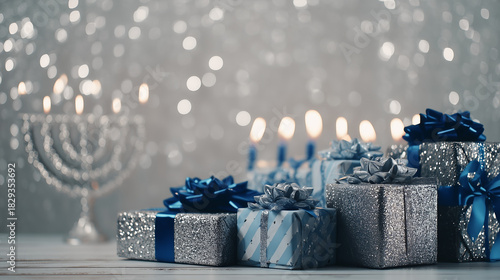 Elegant Hanukkah celebration scene with glowing menorah lights and beautifully wrapped blue and silver gifts