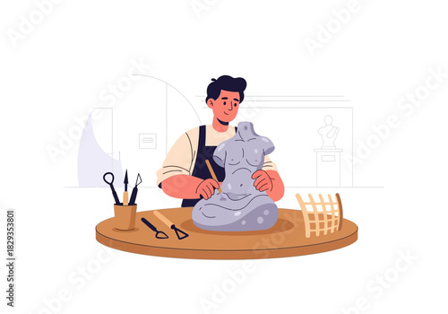 Sculptor creating figure with tools in welllit studio, ideal for art and creativity concepts, sculpting tutorials, and artisan workshops.
