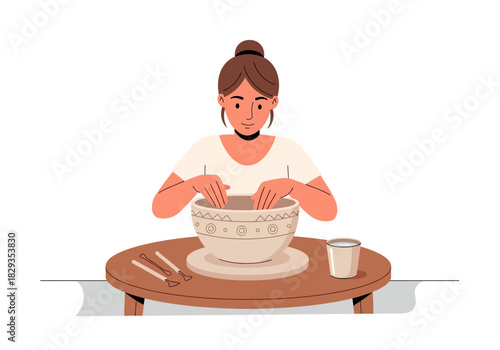 Craftswoman creating pottery on wheel with tools ideal for art, crafting, pottery, ceramics, handmade, creativity, artist, hobby, and skills themes.