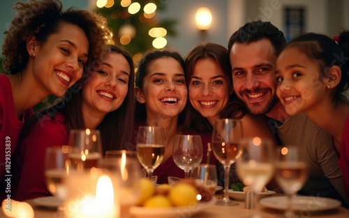 portrait of family taking selfie while enjoy dinner christmas eve together. High quality