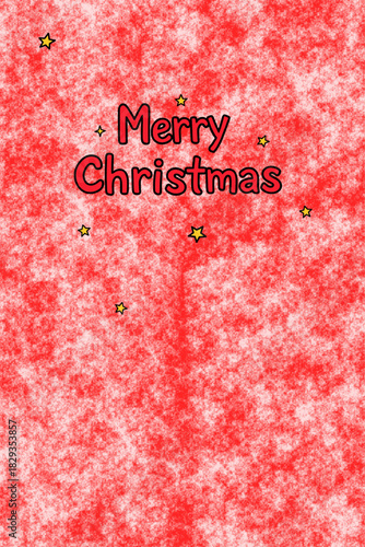 A festive christmas card featuring a red and pink textured background, hand-drawn yellow stars, and the greeting "Merry Christmas" in bold red letters with black outlines.