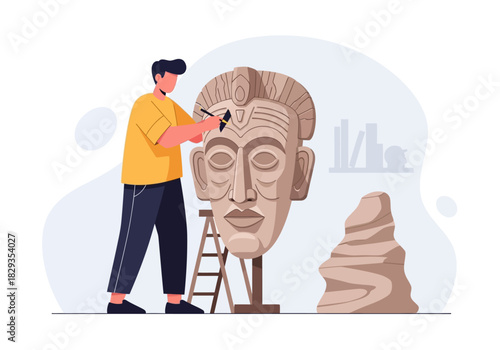 Sculptor crafting a large face with chisel and hammer. Suitable for artistic, creativity, sculpture, craftsmanship, and toolsrelated concepts.