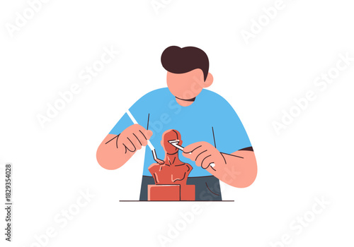 Man sculpts clay figure bust with tools carefully crafting. Suitable for art, sculpting, crafts, creativity, and artistic concepts.