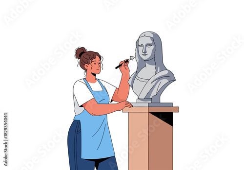Woman sculpting mona lisa bust. Suitable for art, sculpting, creativity concepts in design projects, art blogs, or educational materials.