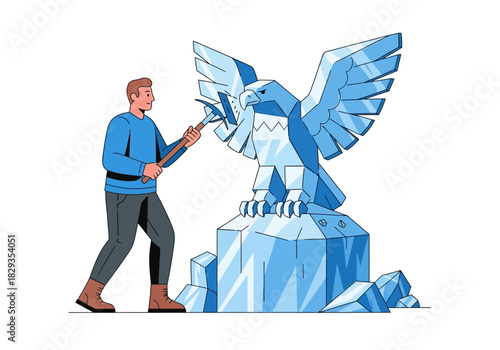 Man skillfully creates ice eagle statue with pickaxe. Perfect for winter activities, ice sculpting guides, art inspiration, and craftsmanship concepts.