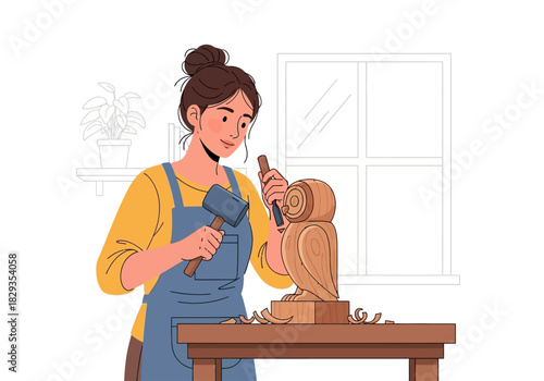 Woman carves owl statue, focusing on details with tools, artistic process captured near natural light, perfect for art and craft concepts.