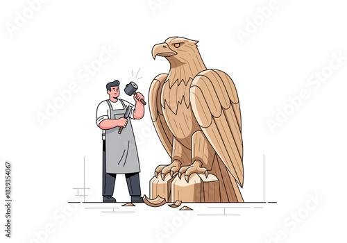 Man crafts wooden eagle sculpture with hammer and chisel, perfect for artistic backgrounds or craftsmanship concepts in design projects.