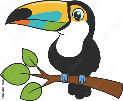 Cute vector cartoon illustration of a smiling toucan with a colorful beak perched on a tree branch with green leaves,