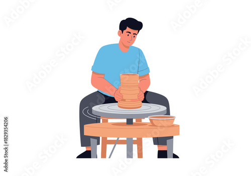 Man creating ceramic art on a pottery wheel. Suitable for crafts, art, pottery, and creativity concepts.